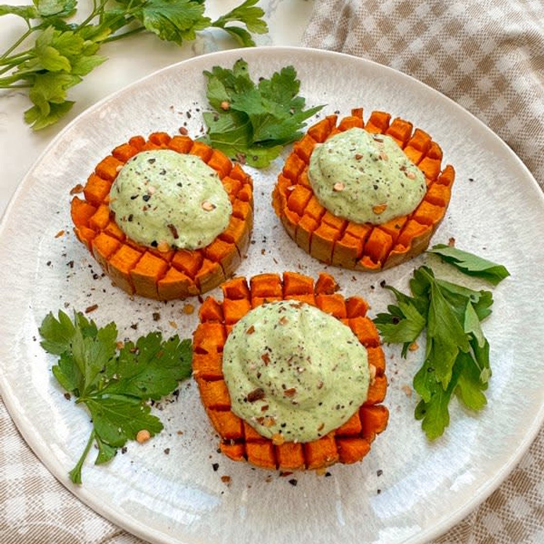 Hasselback Sweet Potatoes with Parsley Pesto