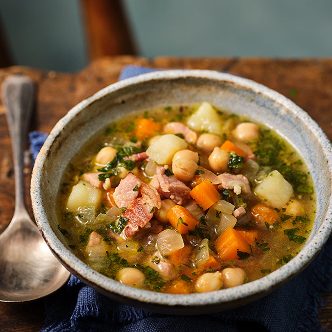 Chickpea (garbanzo), bacon & potato broth