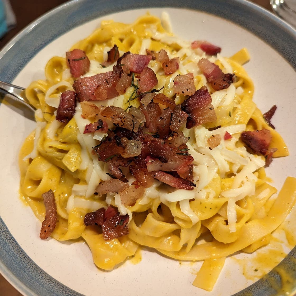 Butternut Squash Pasta Carbonara with Rosemary Bacon