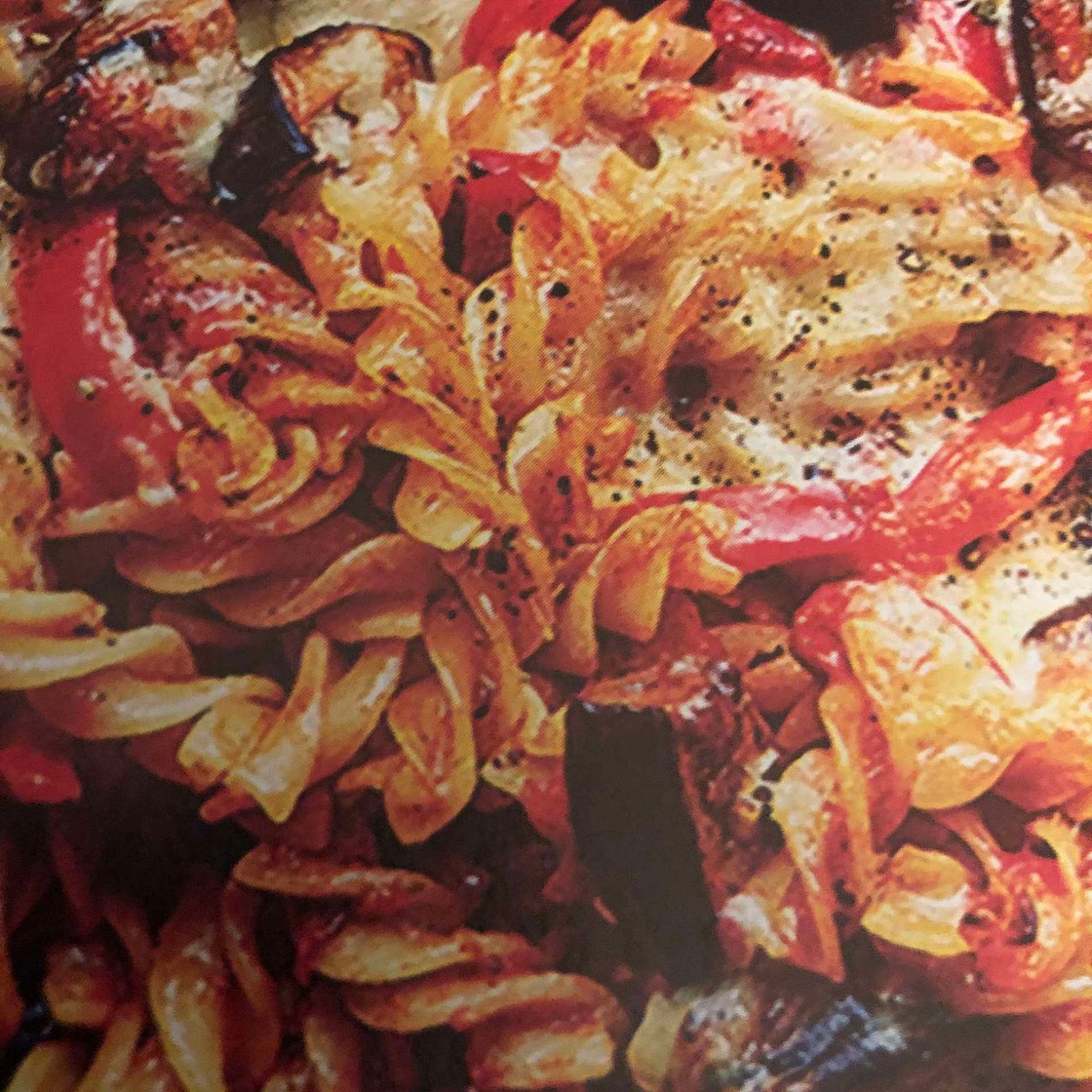 Aubergine and Red Pepper Pasta Bake