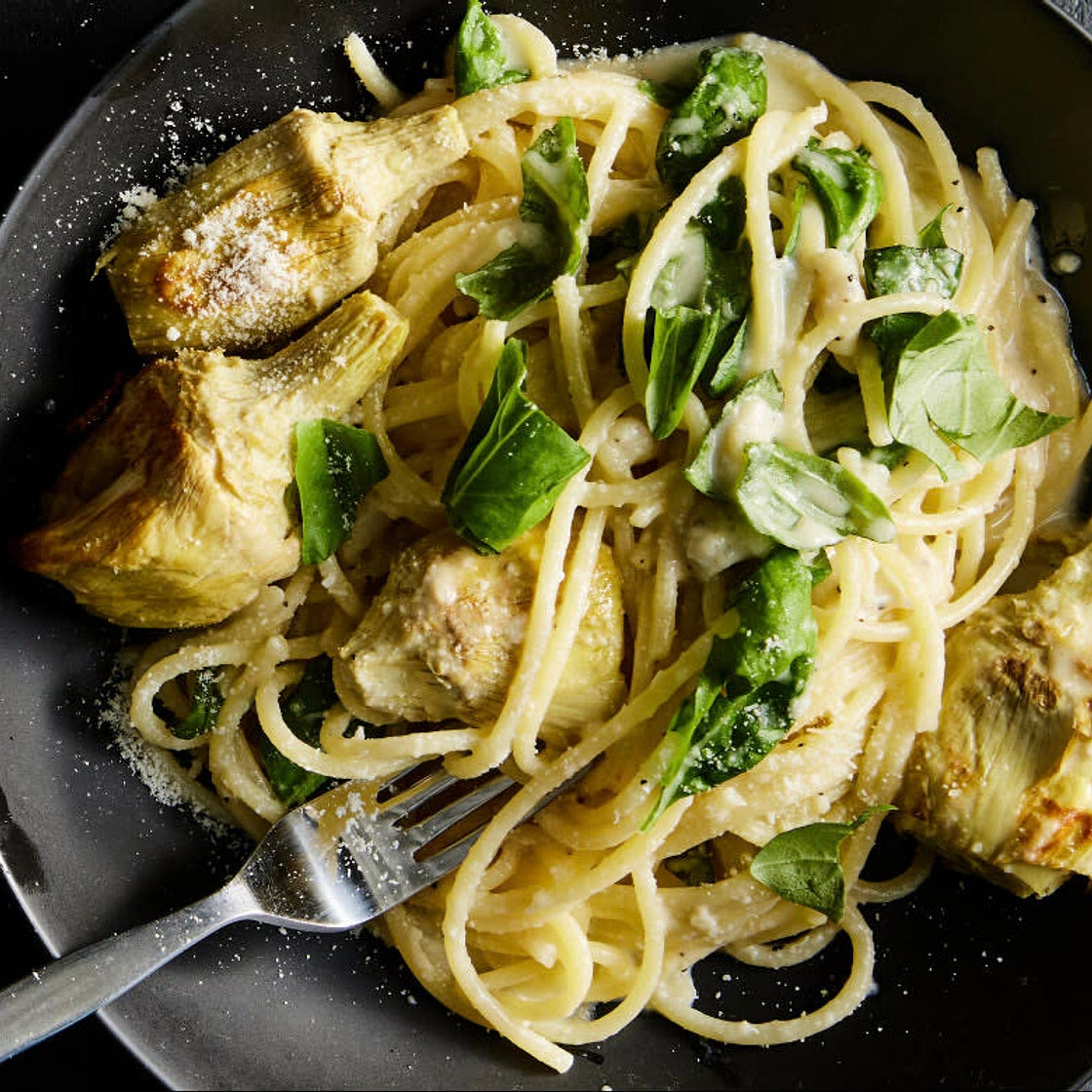 Lemon Spaghetti with Roasted Artichokes