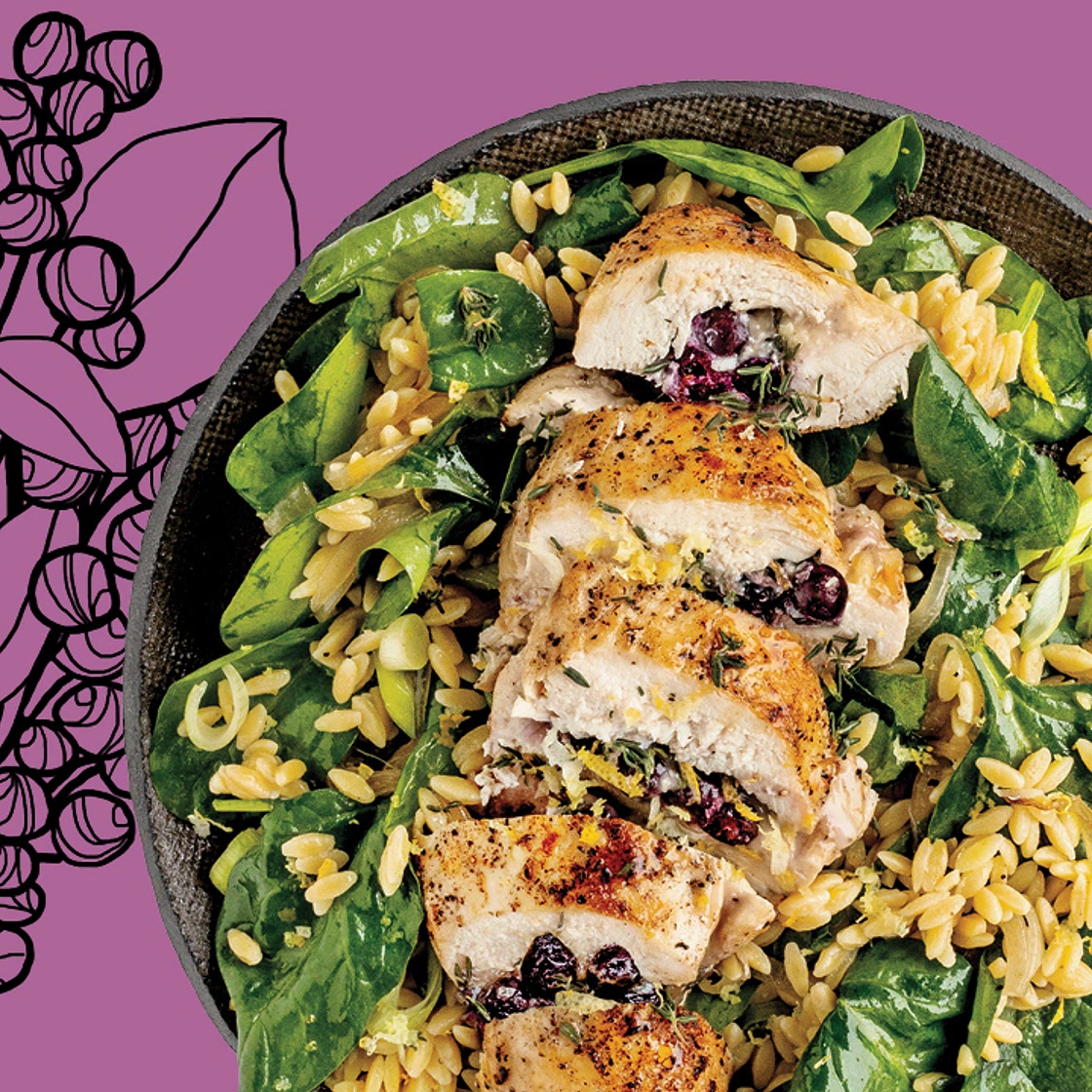Saskatoon Berry And Brie Stuffed Chicken Breast Over Orzo Spinach Salad