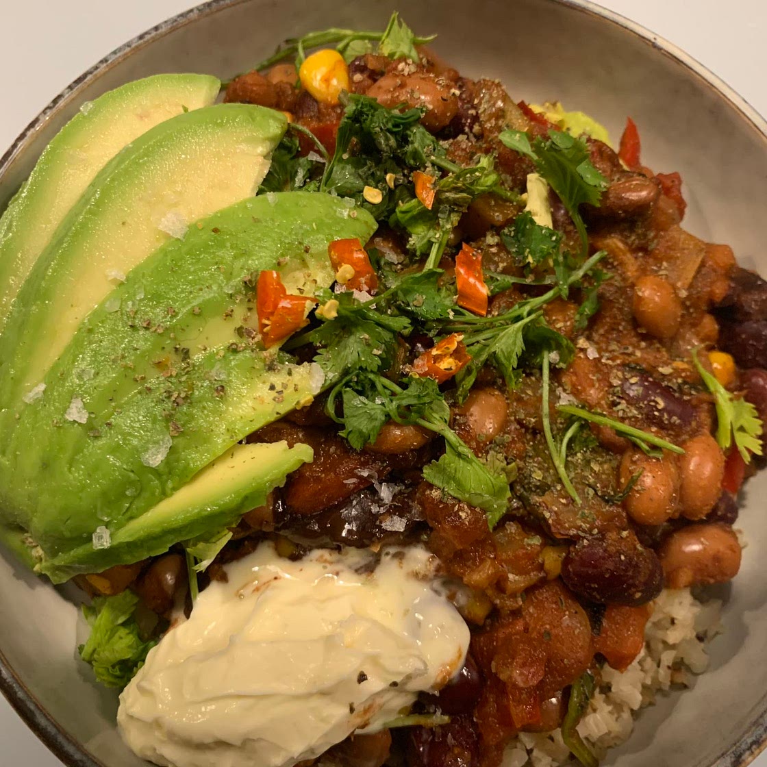 Mixed Bean Chilli with Avocado and Cauliflower Rice
