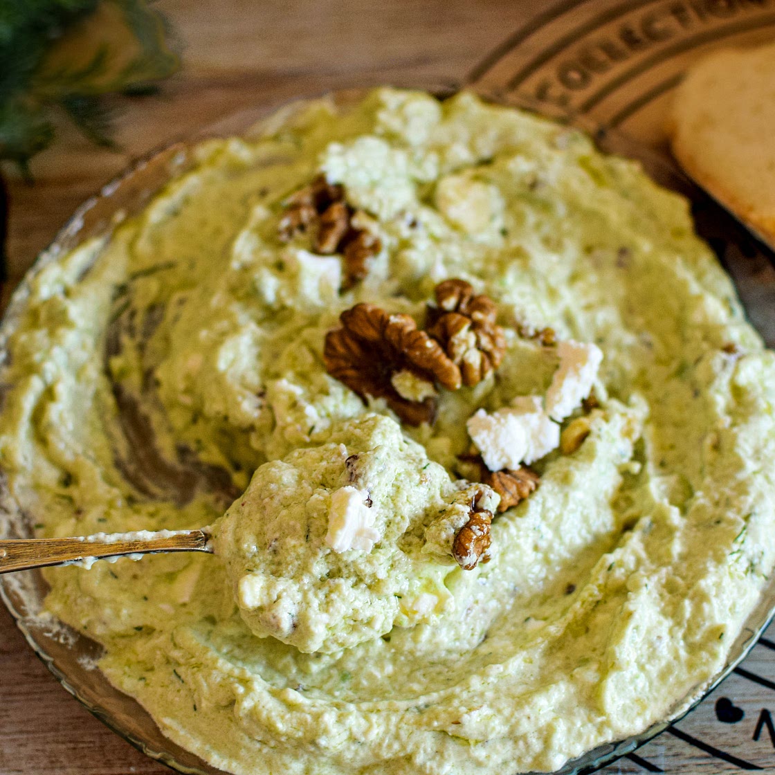 Creamy Avocado dip with walnuts, feta and sour cream