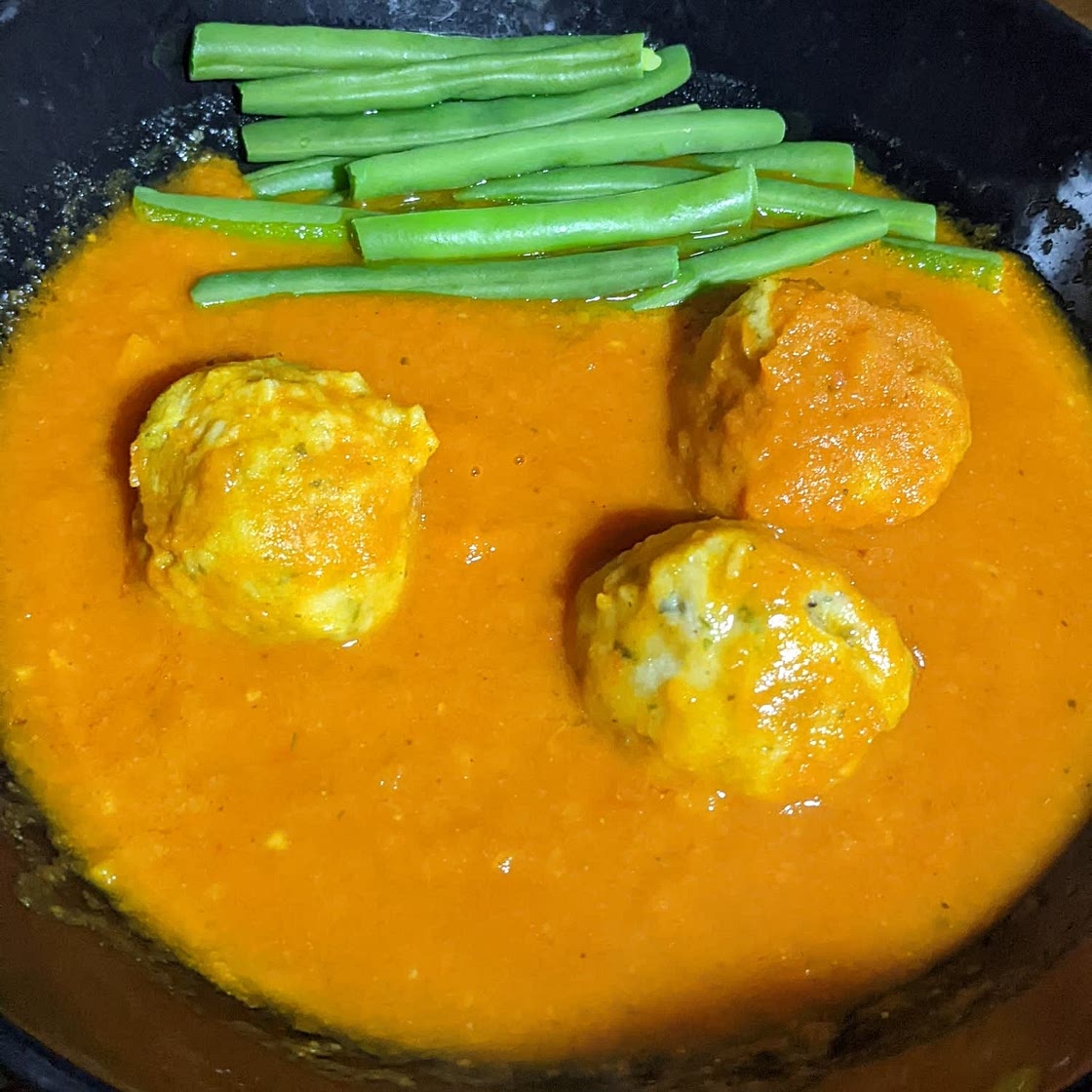 Chickpea dumplings in sweet potato gravy