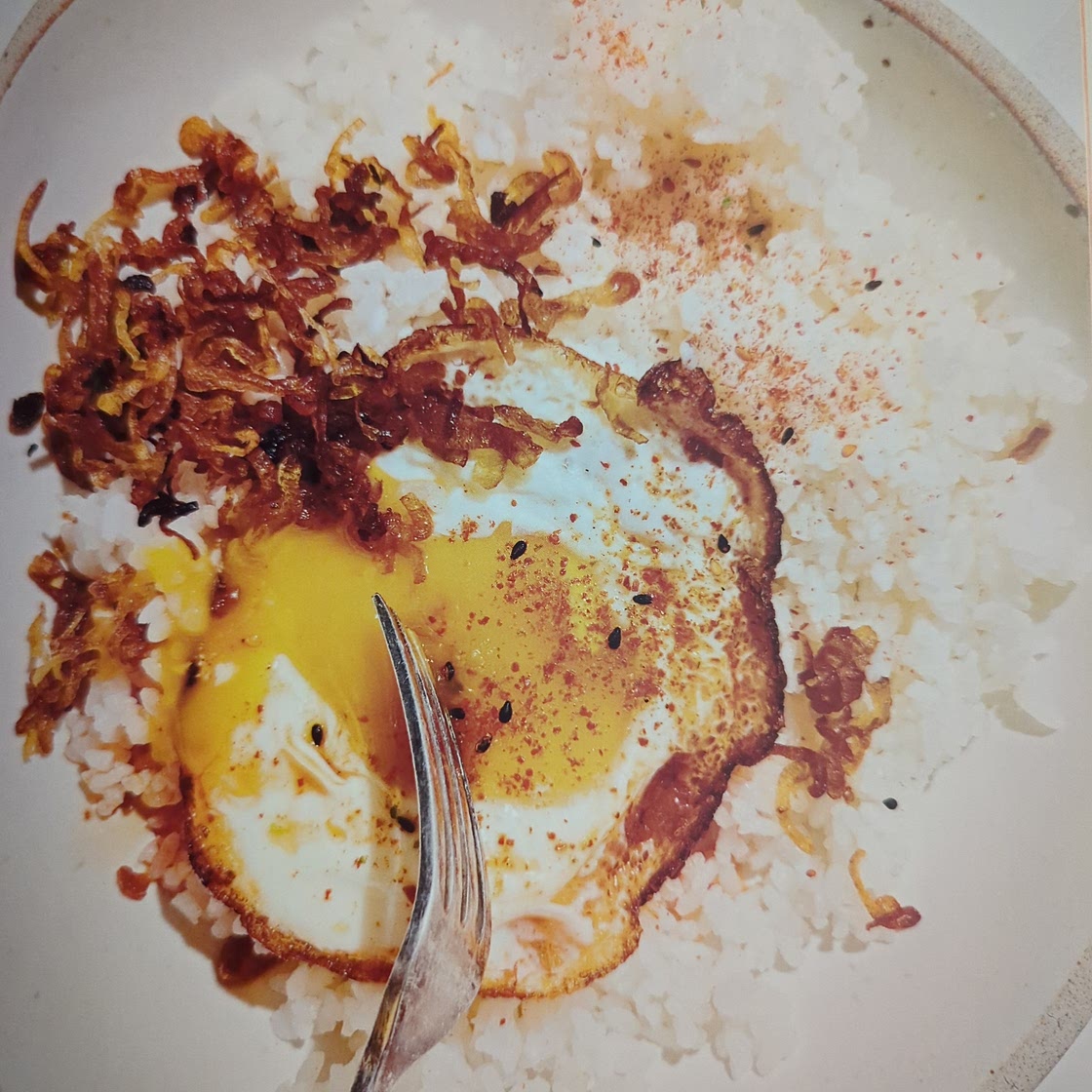 Extremely Fried Eggs with Frizzled Shallots and Rice