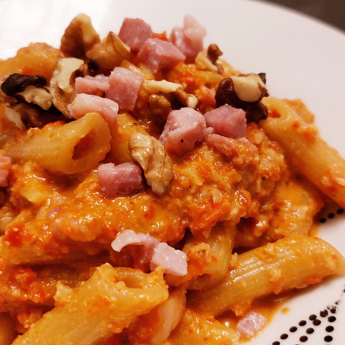 Pasta - Red pepper and gorgonzola pesto and bacon