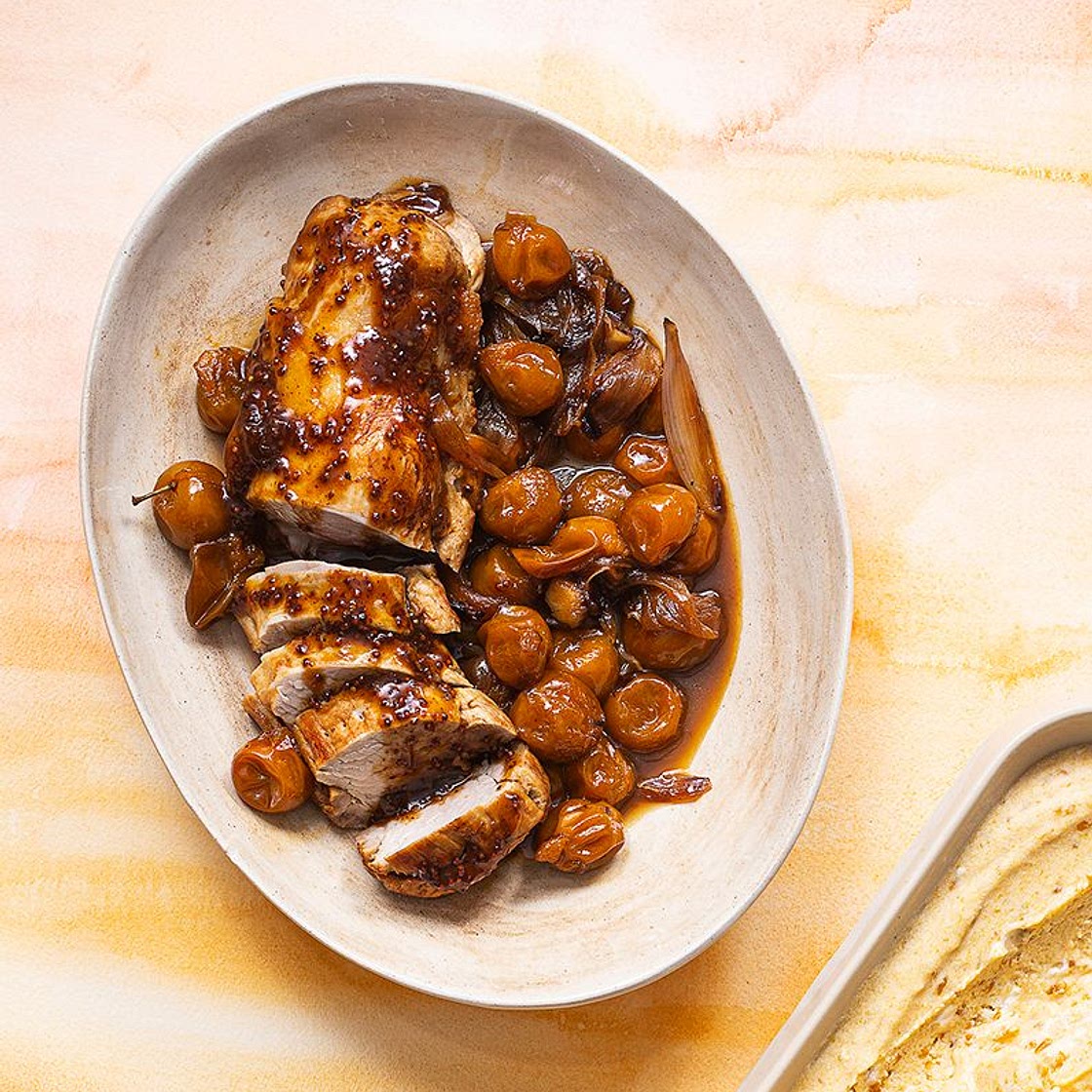 Filet mignon aux mirabelles, sauce à la moutarde