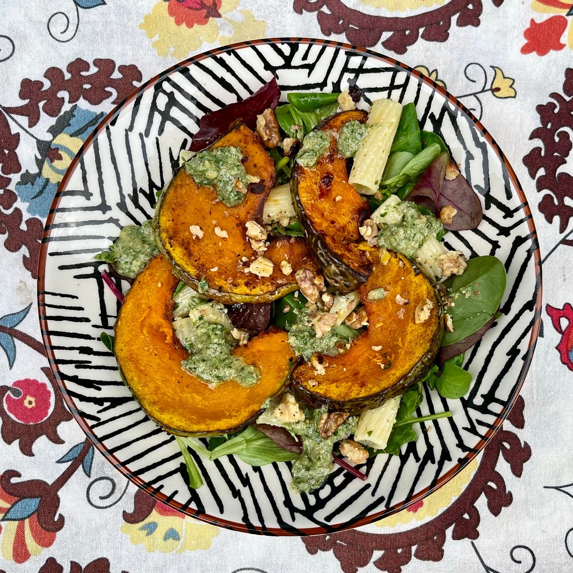 Roasted Squash and Pasta Salad with Sage and Blue Cheese Pesto