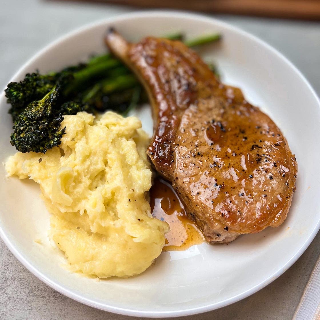 5 ingredient Ginger glazed pork chops w mashed potatoes and baby