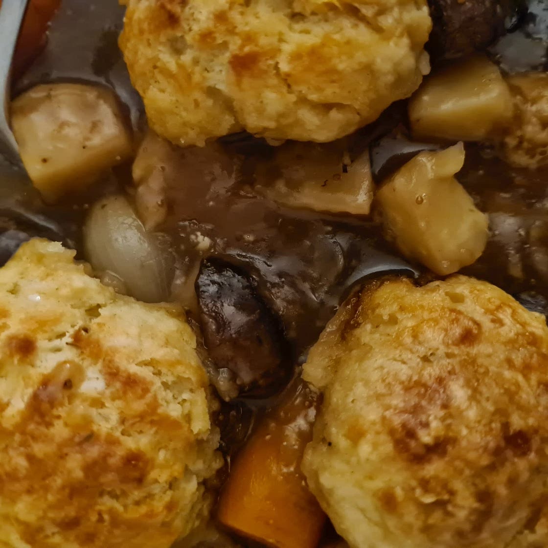 Celeriac, mushroom and beer casserole with cheesy dumplings