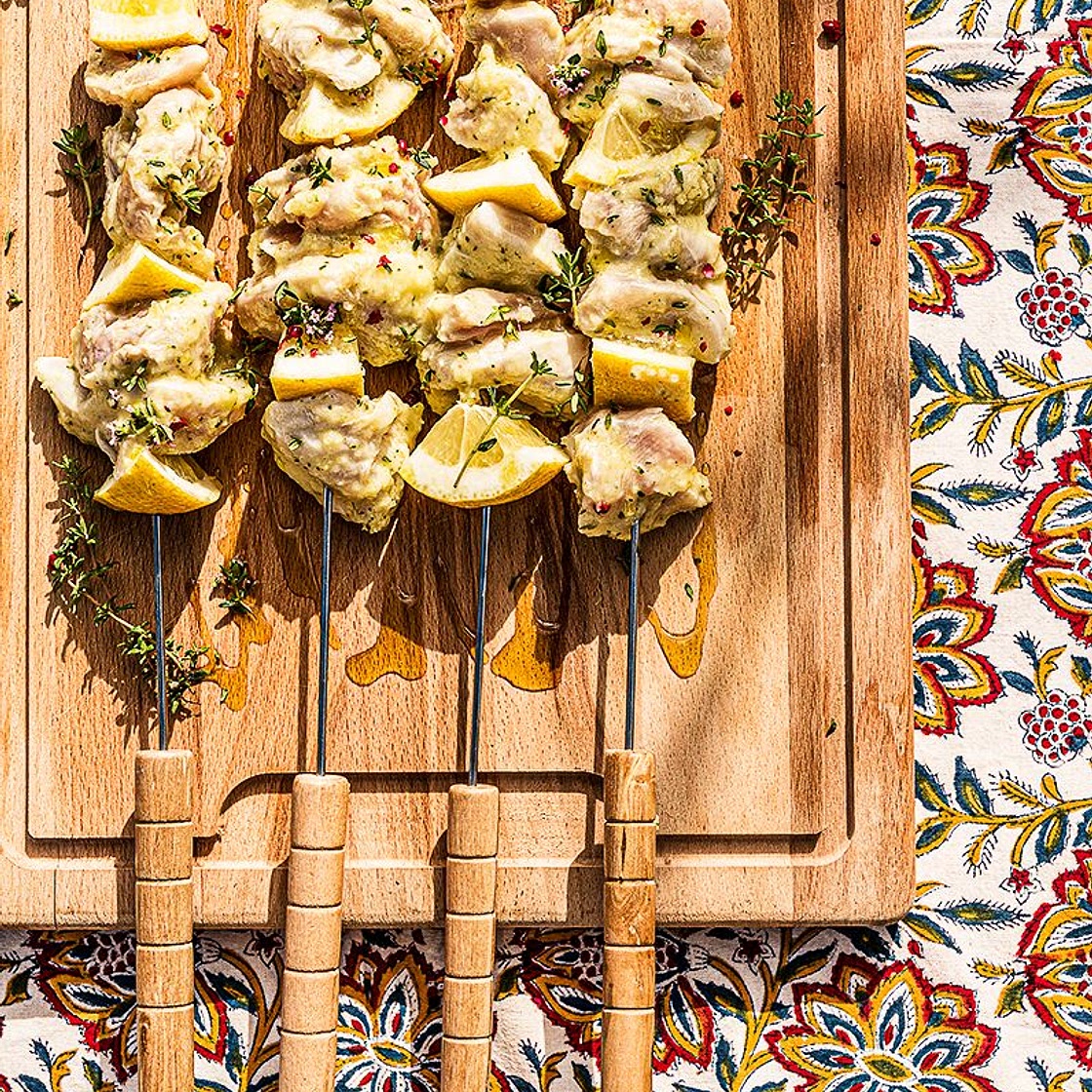 Brochettes de poulet au citron et citron confit