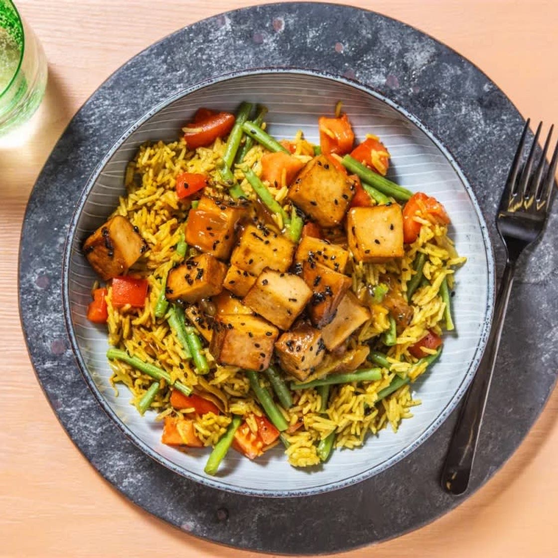 Mango chutney glazed tofu with pilaf rice