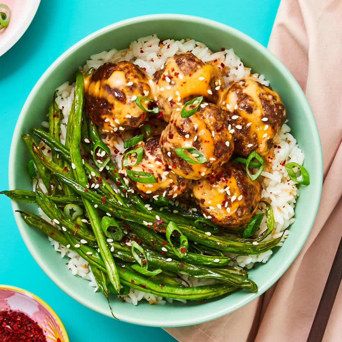 Firecracker Meatballs with Roasted Green Beans and Jasmine Rice