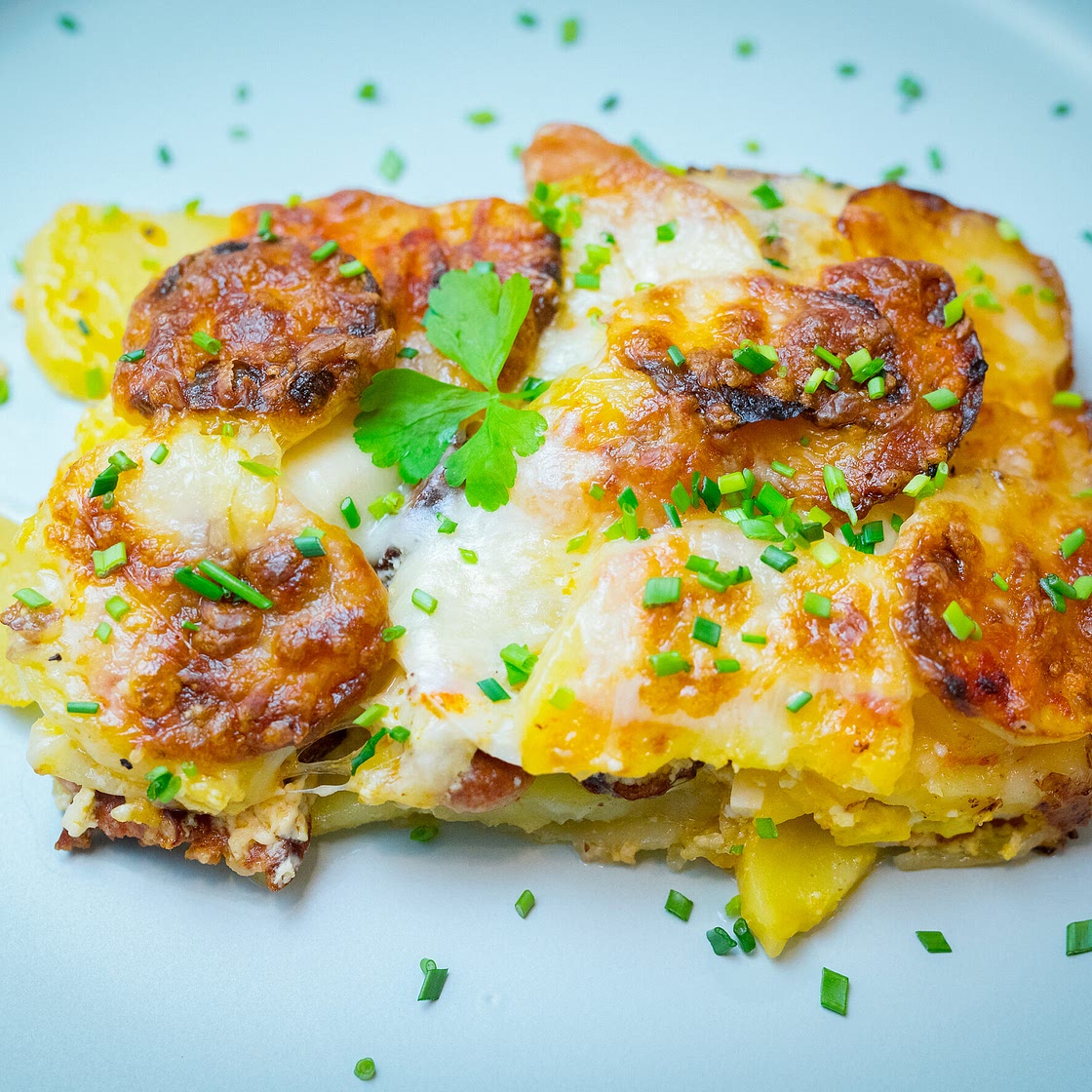 Easy Potato Casserole with Bacon, Kielbasa, Sausages, Eggs and Cheese
