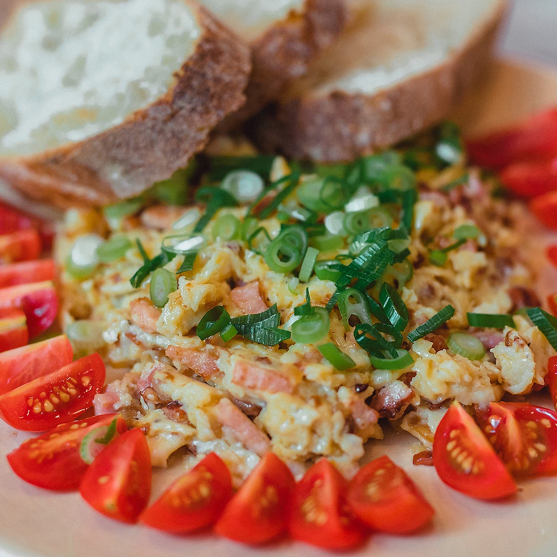 Farmer’s Scrambled Eggs With Bacon And Onions