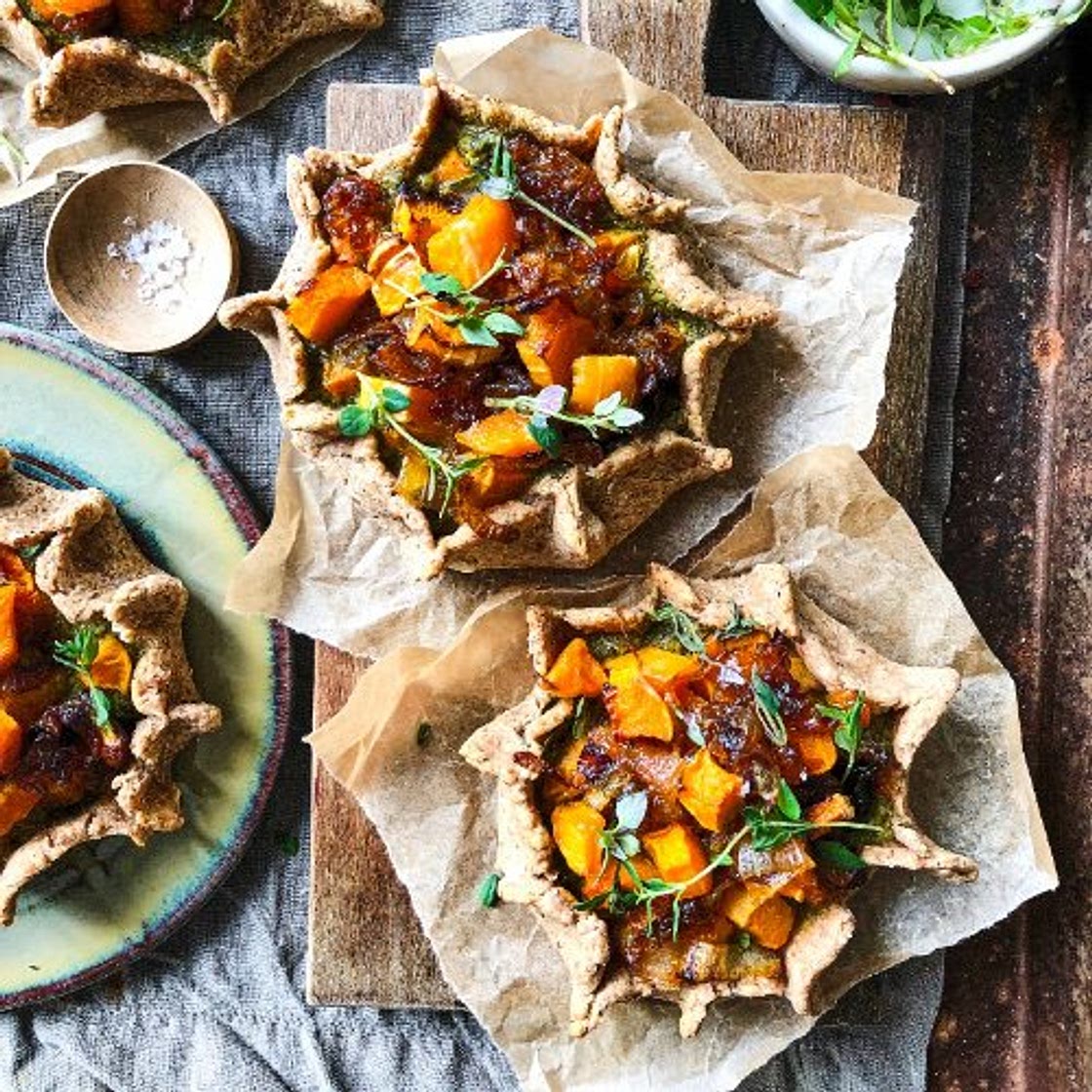 Roast Squash, Caramelised Onion and Pesto Tarts
