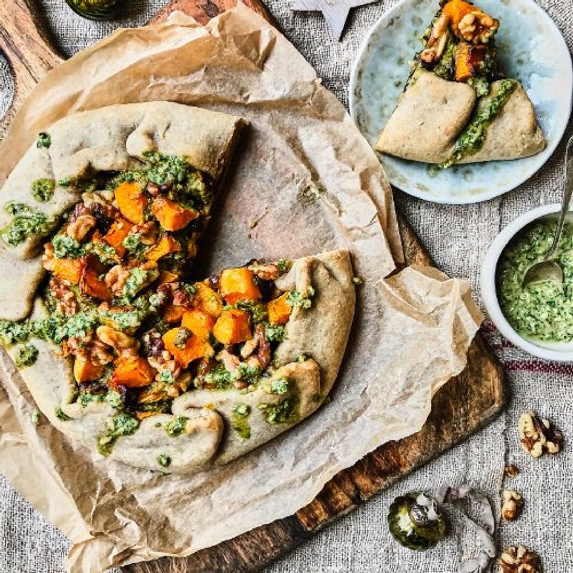 Festive Walnut, Caramelised Onion & Squash Galette with Walnut Pesto Dressing