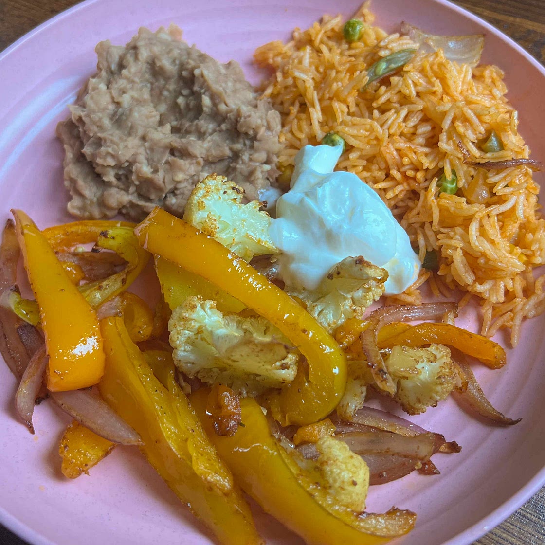 Roasted Veggies, IP Refried Beans & Mexican Red Rice