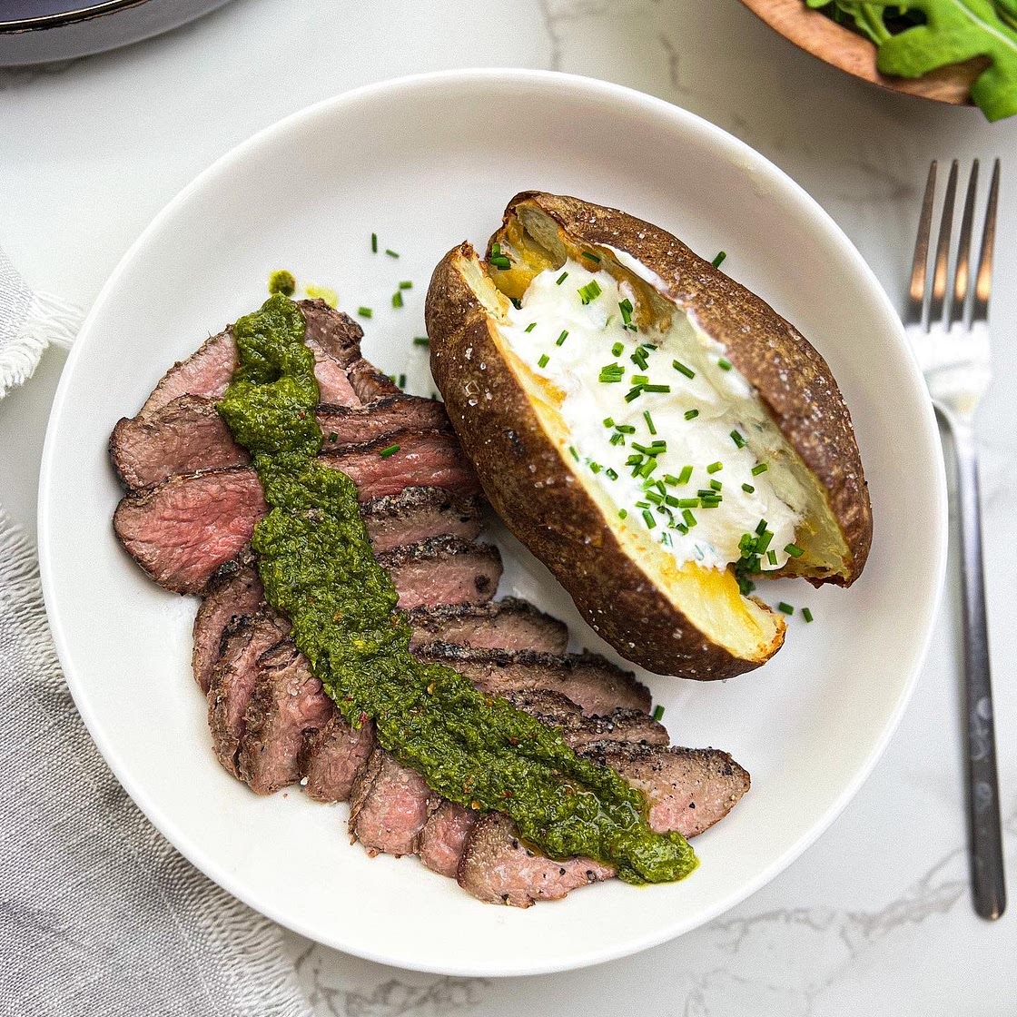 Easy Chimichurri Steak and Baked Potato. Only 5 Ingredients!