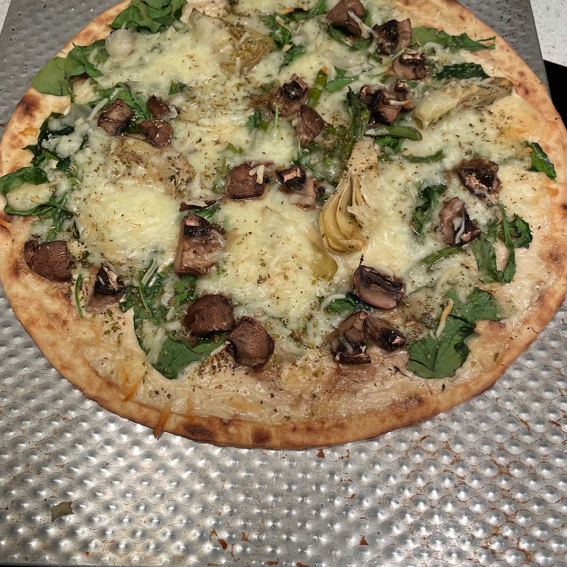 Spinach Artichoke and Mushroom Alfredo Pizza