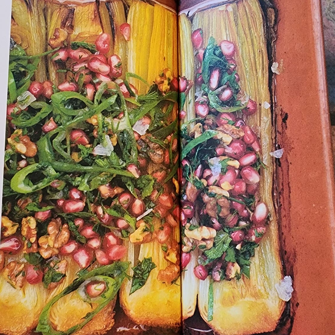 roasted leek, pomegranate,
walnuts, greens