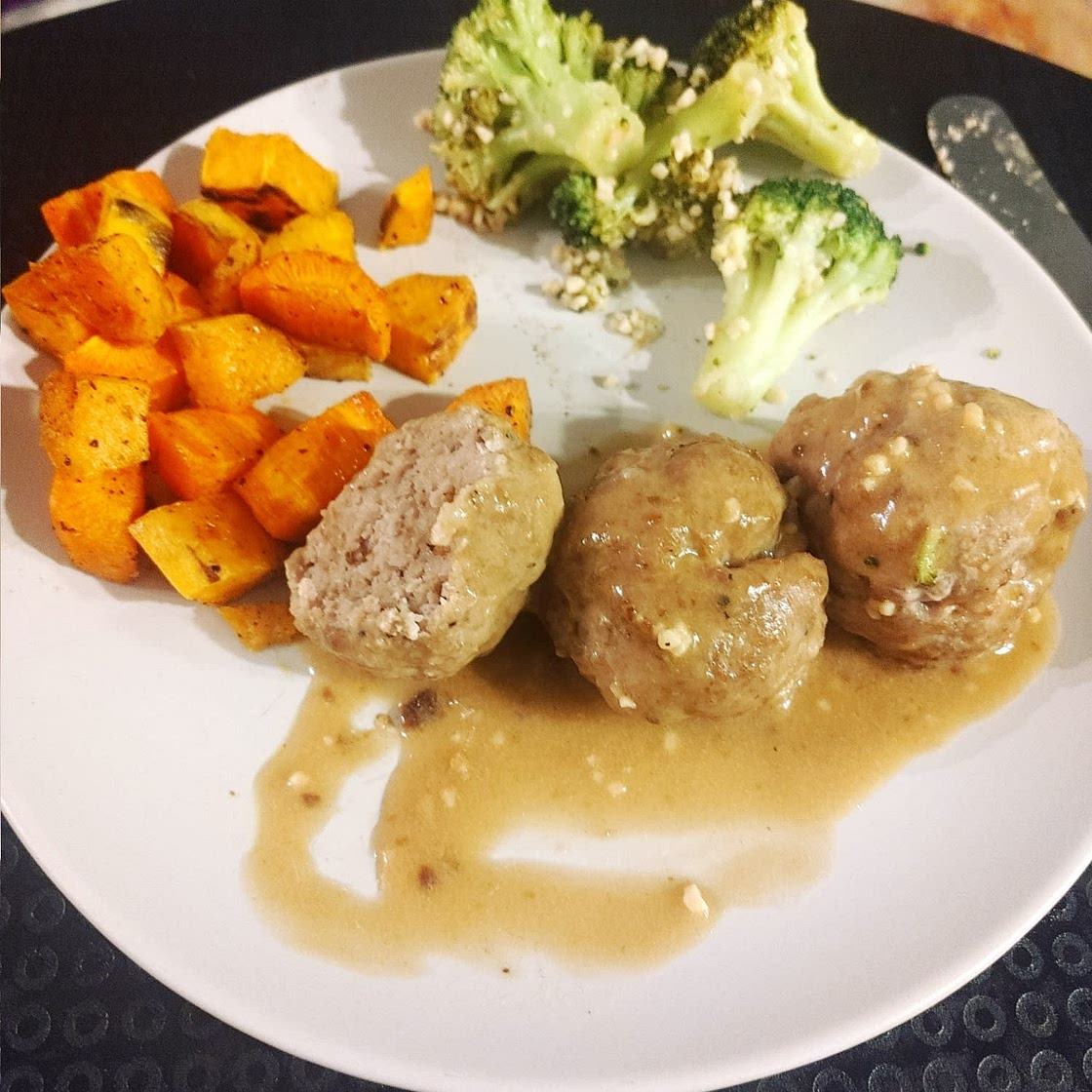 Savoury Pork Meatballs in Dijon Gravy with Carrots and Sweet Potatoes