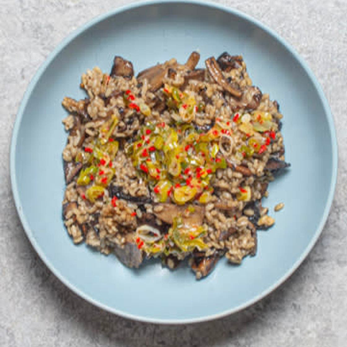 Sticky Mushroom Miso Rice with Green Onion Dressing