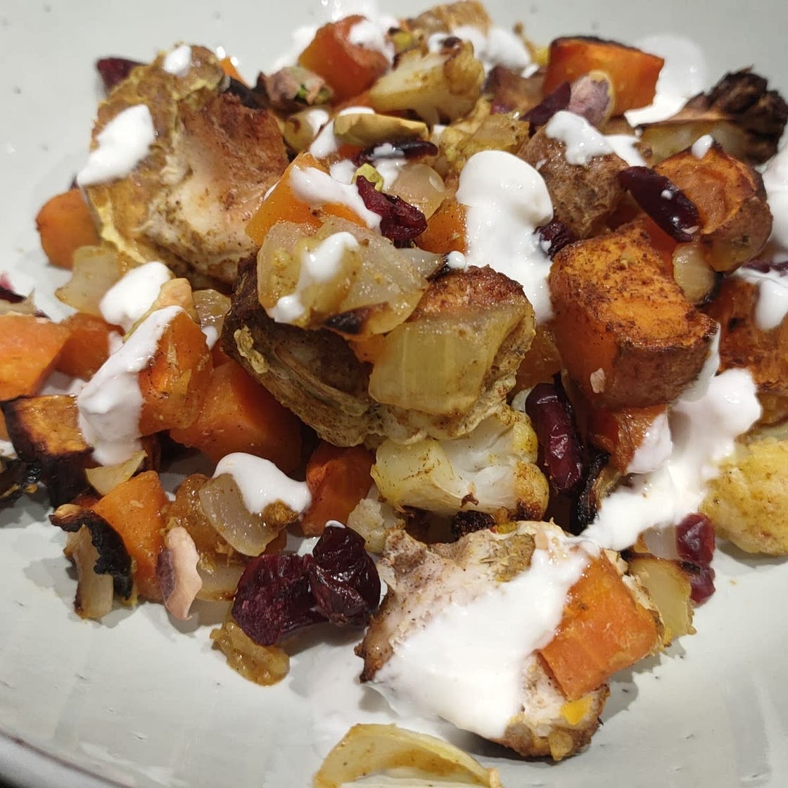 Sheet Pan Moroccan Chicken with Sweet Potatoes & Cauliflower