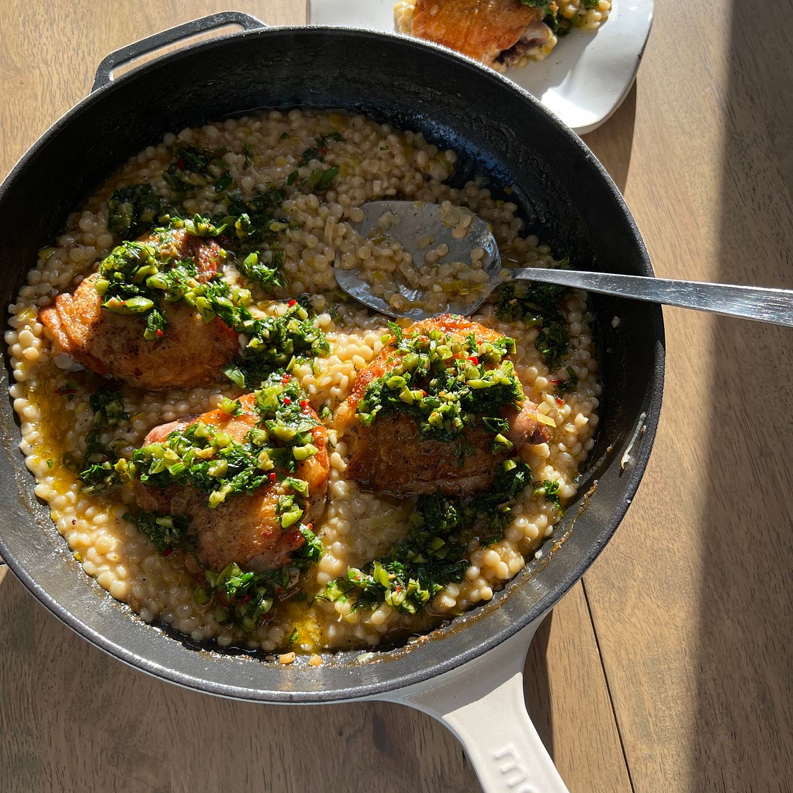 Lemony Green Olive Chicken with Israeli Couscous — Cafe Hailee