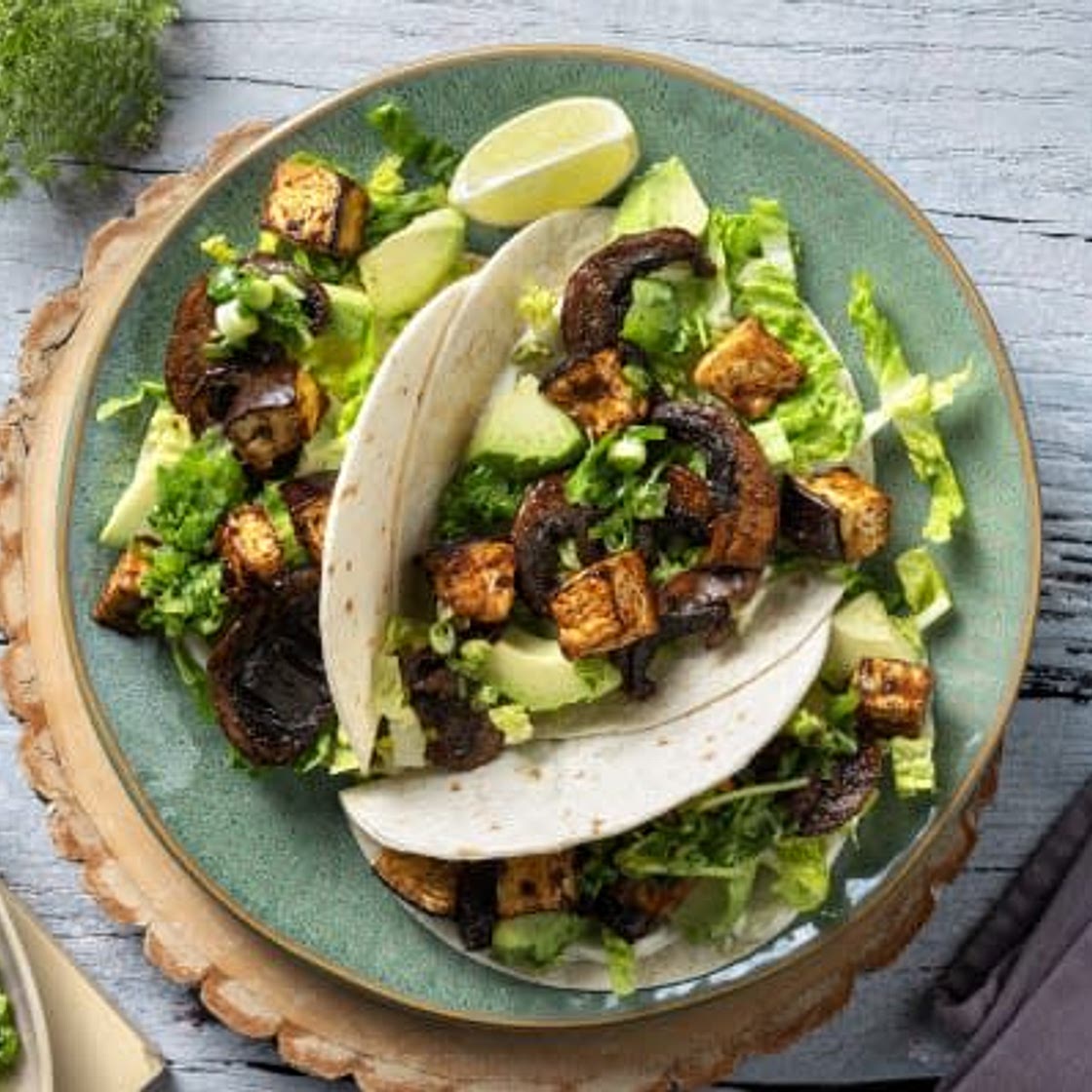 Chipotle mushroom aubergine tacos