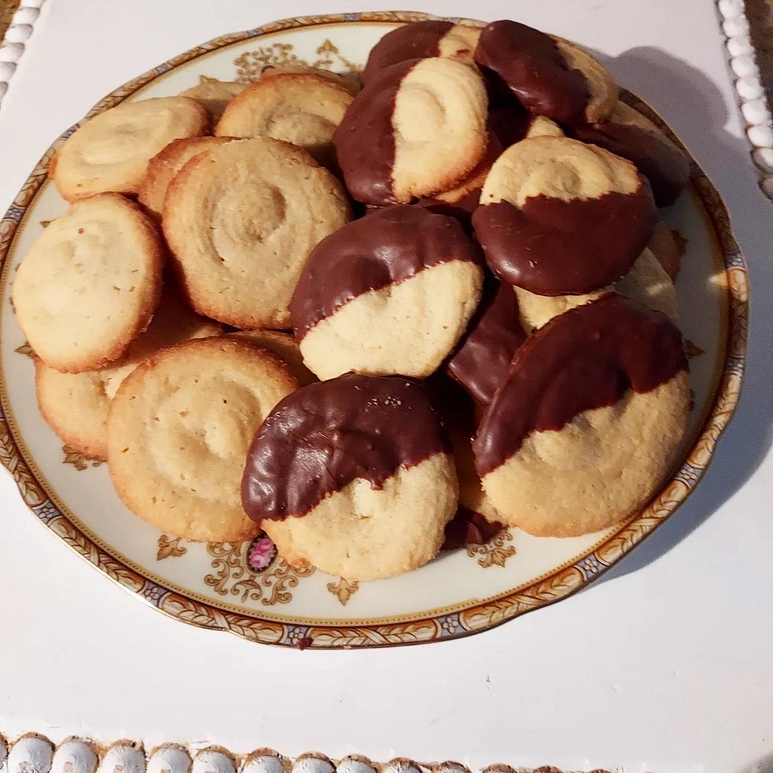Butter cookies dipped in chocolate