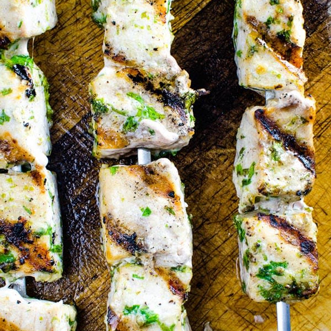 Swordfish Skewers with Tomato-Scallion Caponata