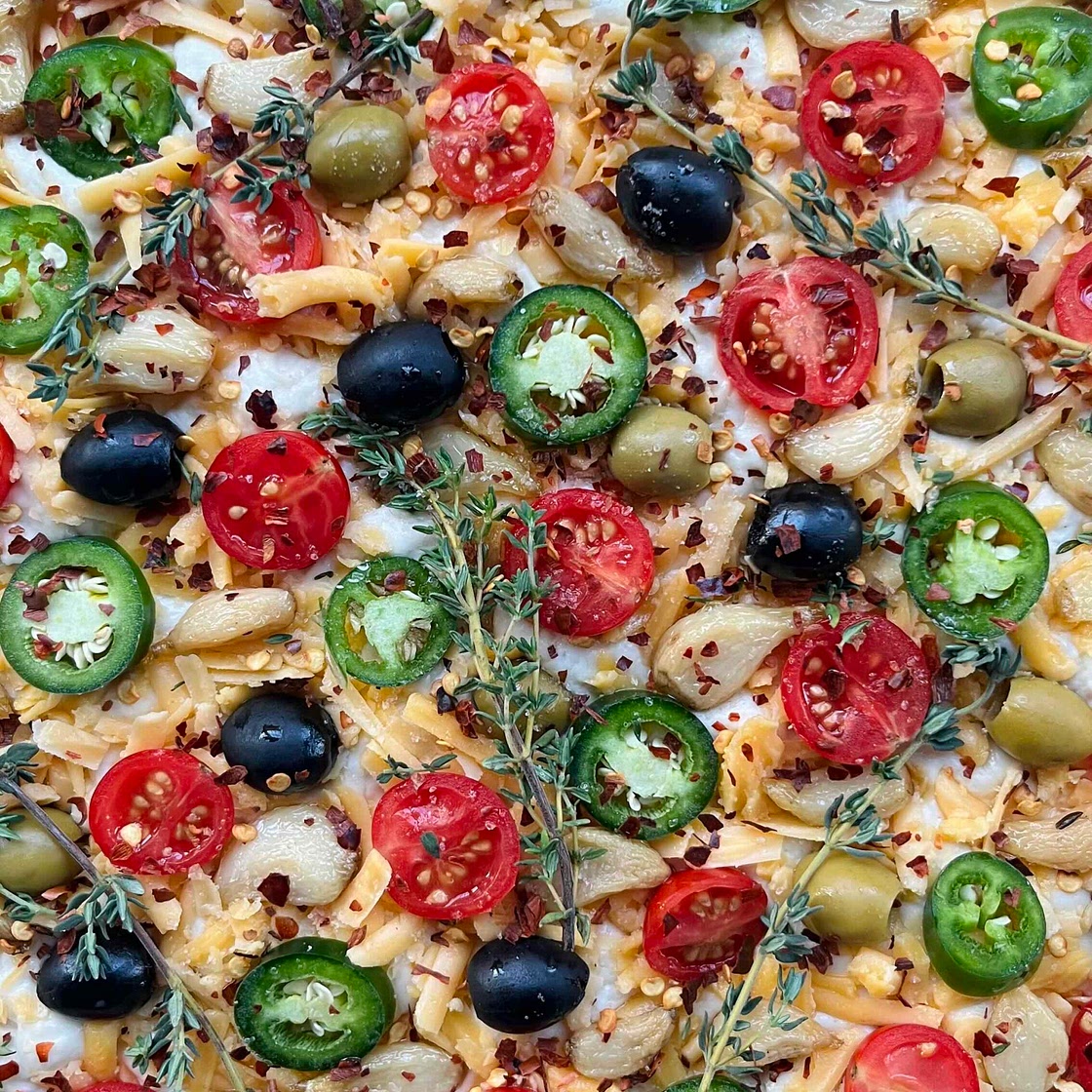No-Knead Focaccia with lots of toppings 
