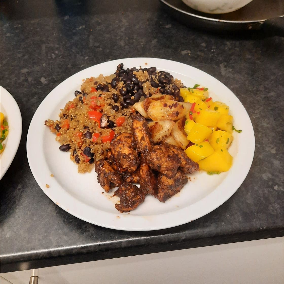 Cuban Chicken and Black Bean Quinoa Bowls with Fried Chili Spiced Bananas + Spicy Mangos