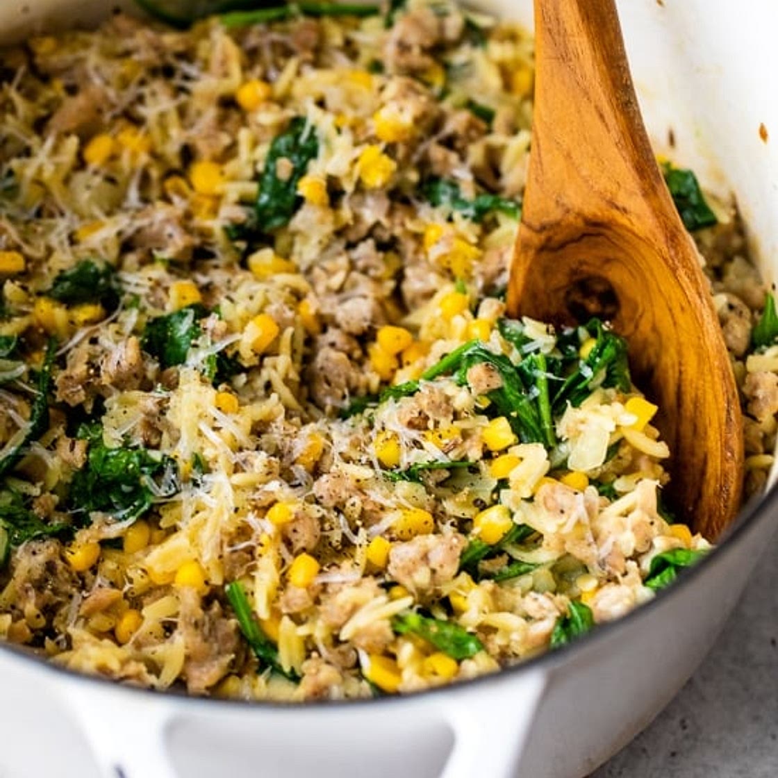 One-Pot Orzo with Sausage, Spinach and Corn