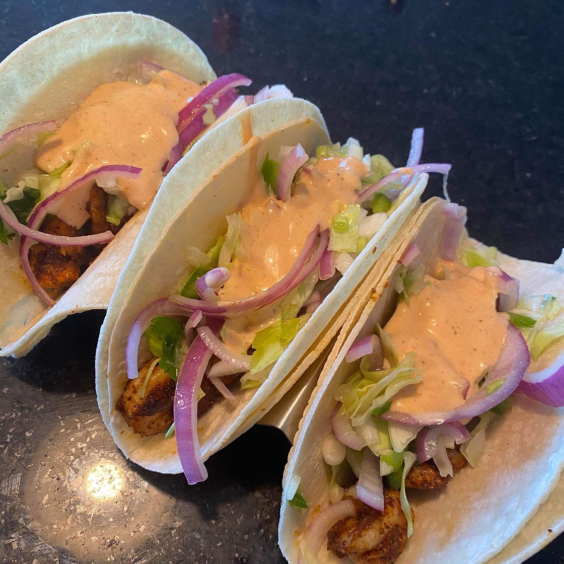 Spicy Shrimp Tacos with Cilantro Slaw and Sriracha Sauce