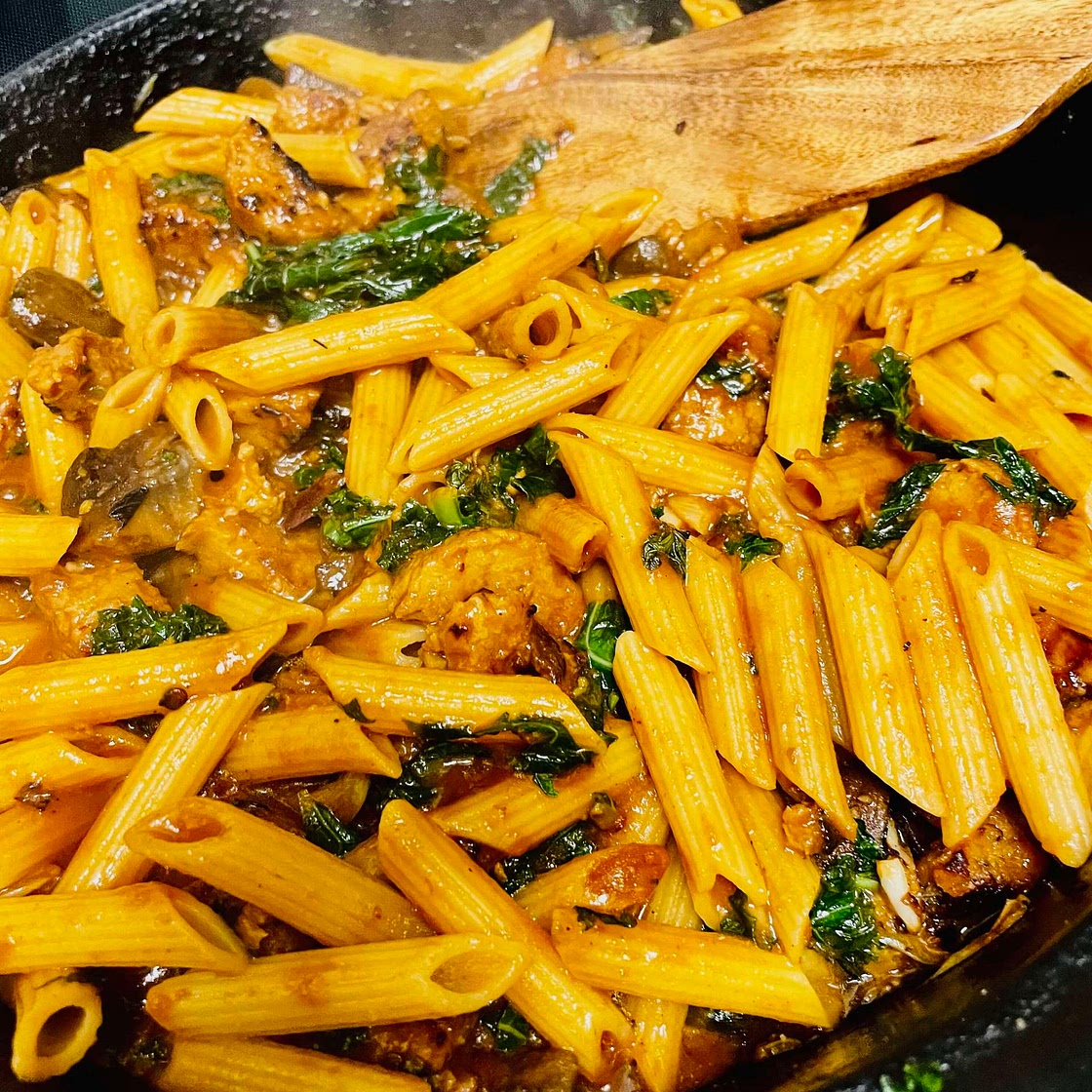 High- Protein Vegan Pasta puttanesca w/ Sausage and Kale