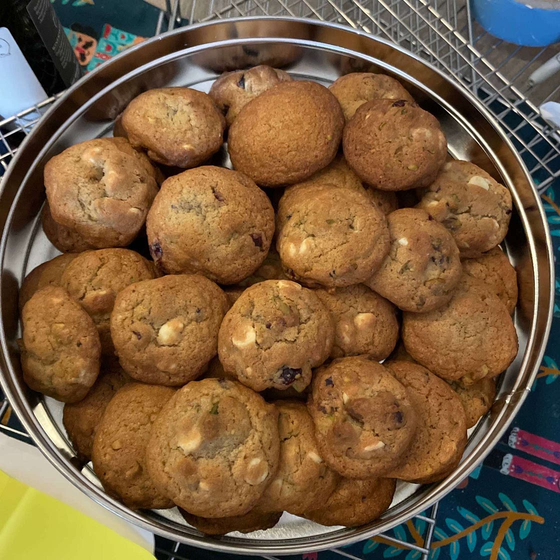 White Chocolate, Pistachio, and Cranberry Cookies