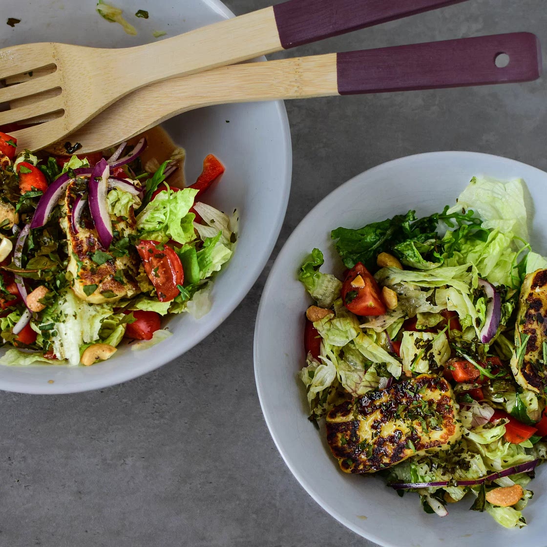 Halloumi Salad with Kale Chips and Cashews