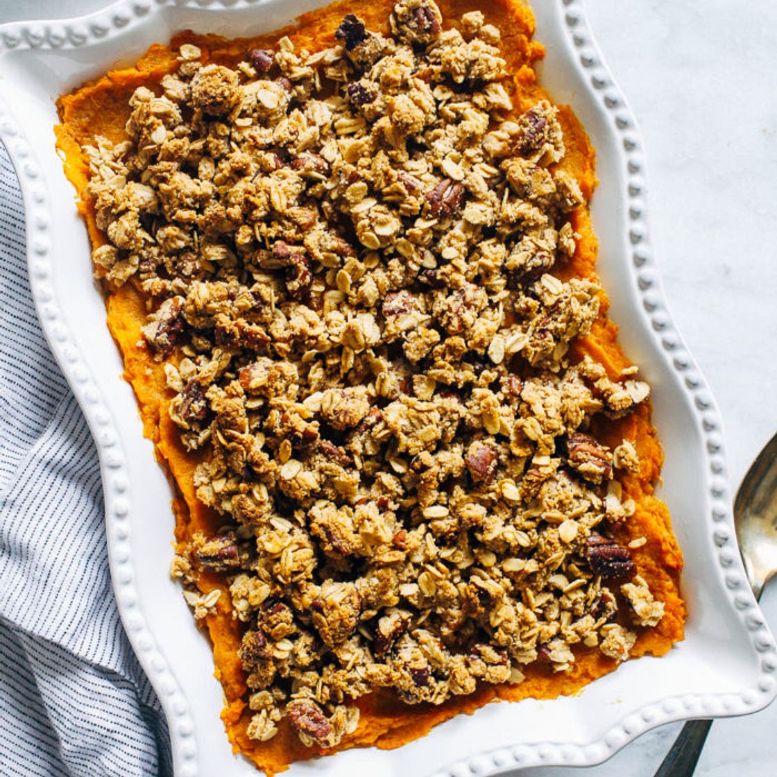 Butternut Squash and Sweet Potato Casserole with Pecan Crumble