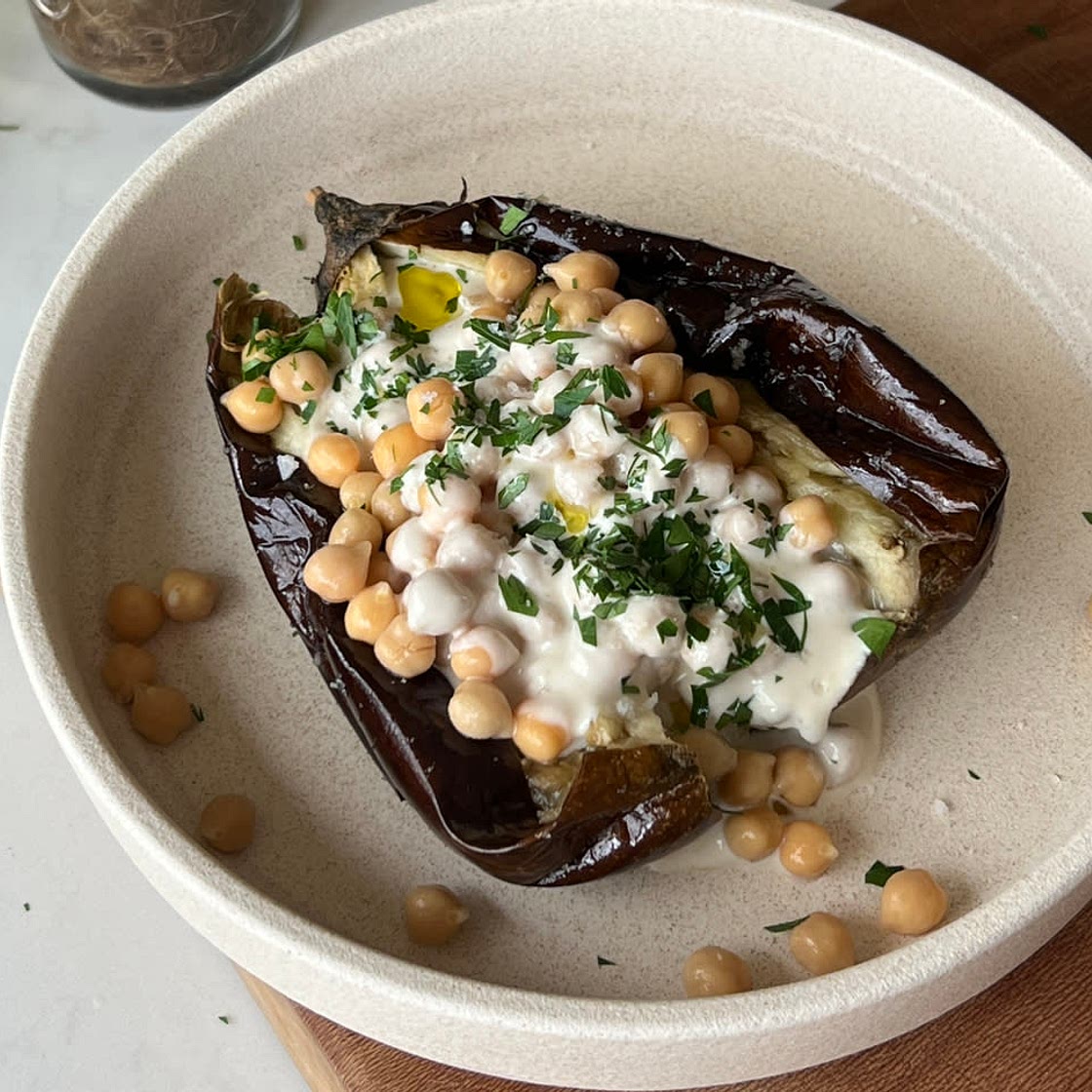 Roast Eggplant w/Chickpeas and Tahini Sauce