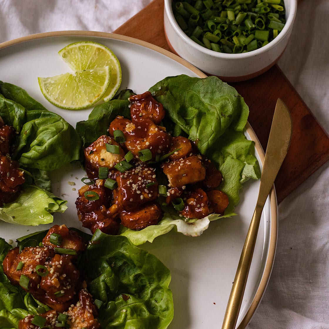 Sticky Sesame Gochujang Tofu Carrot Lettuce Wraps