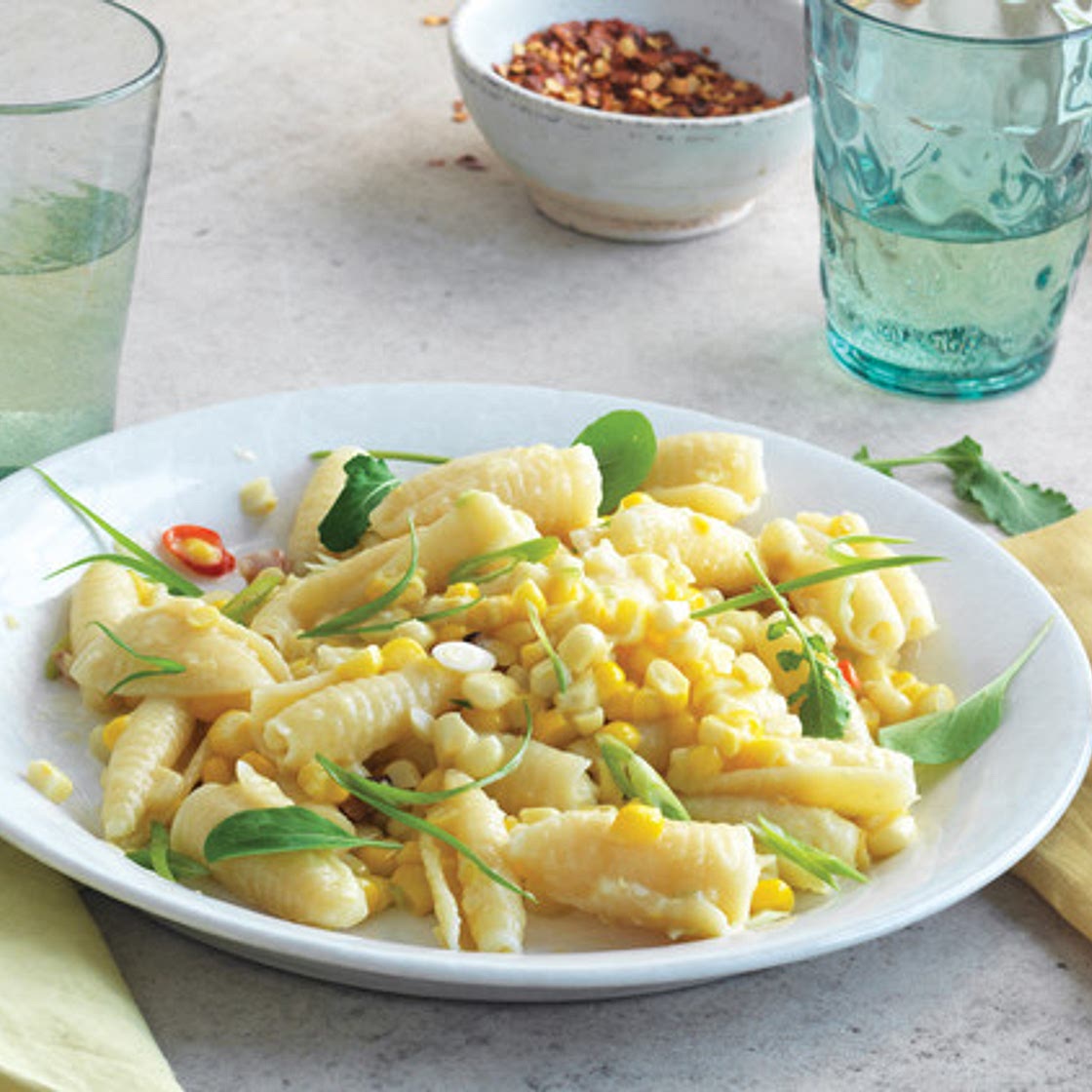 Campanelle with Corn, Scallions, and Arugula