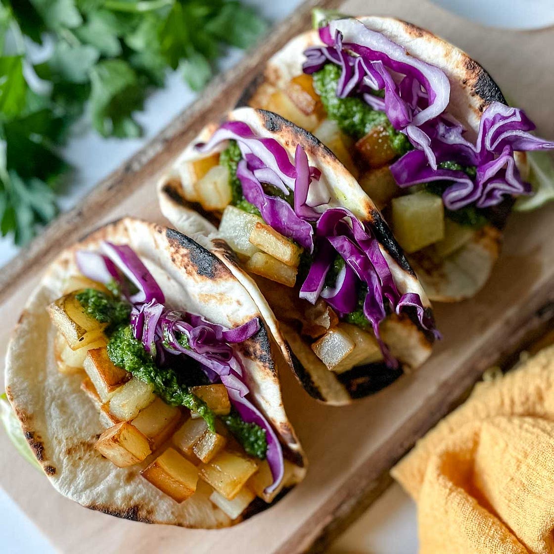 Spicy Potato Soft Tacos with Chimichurri