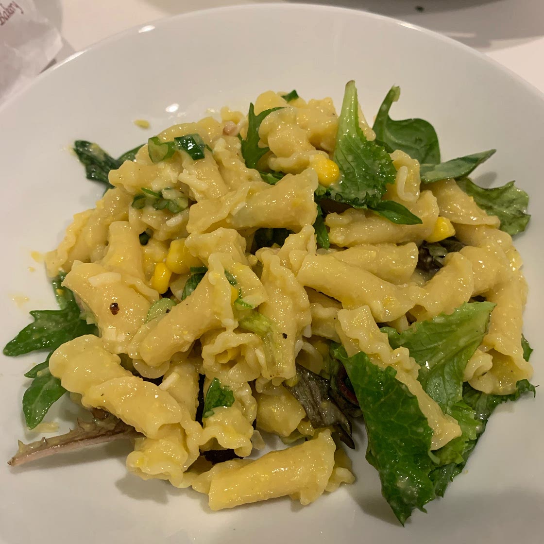 Campanelle with Corn, Scallions, and Arugula