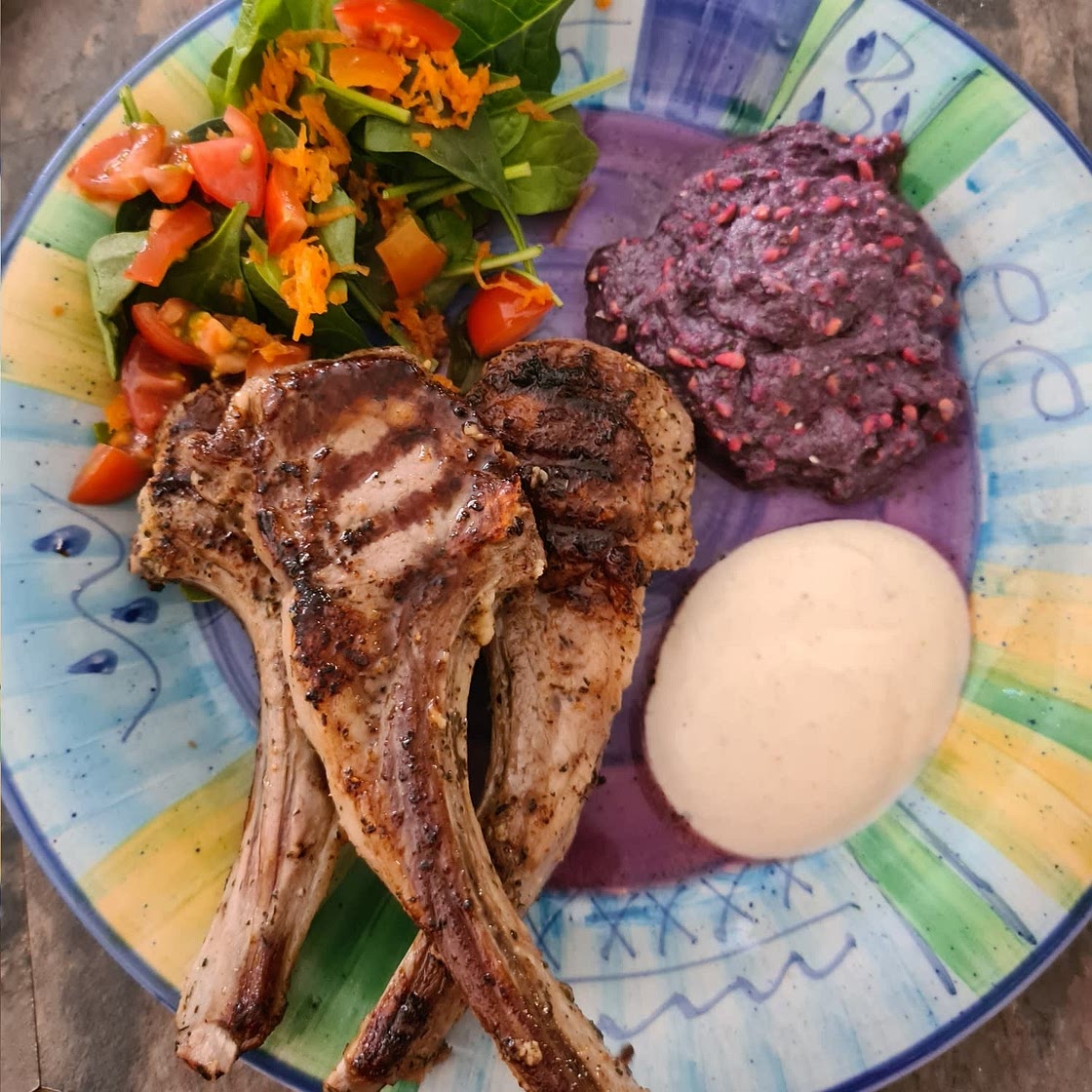 MINTED LAMB WITH POMEGRANATE SALSA + GARLIC YOGHURT
