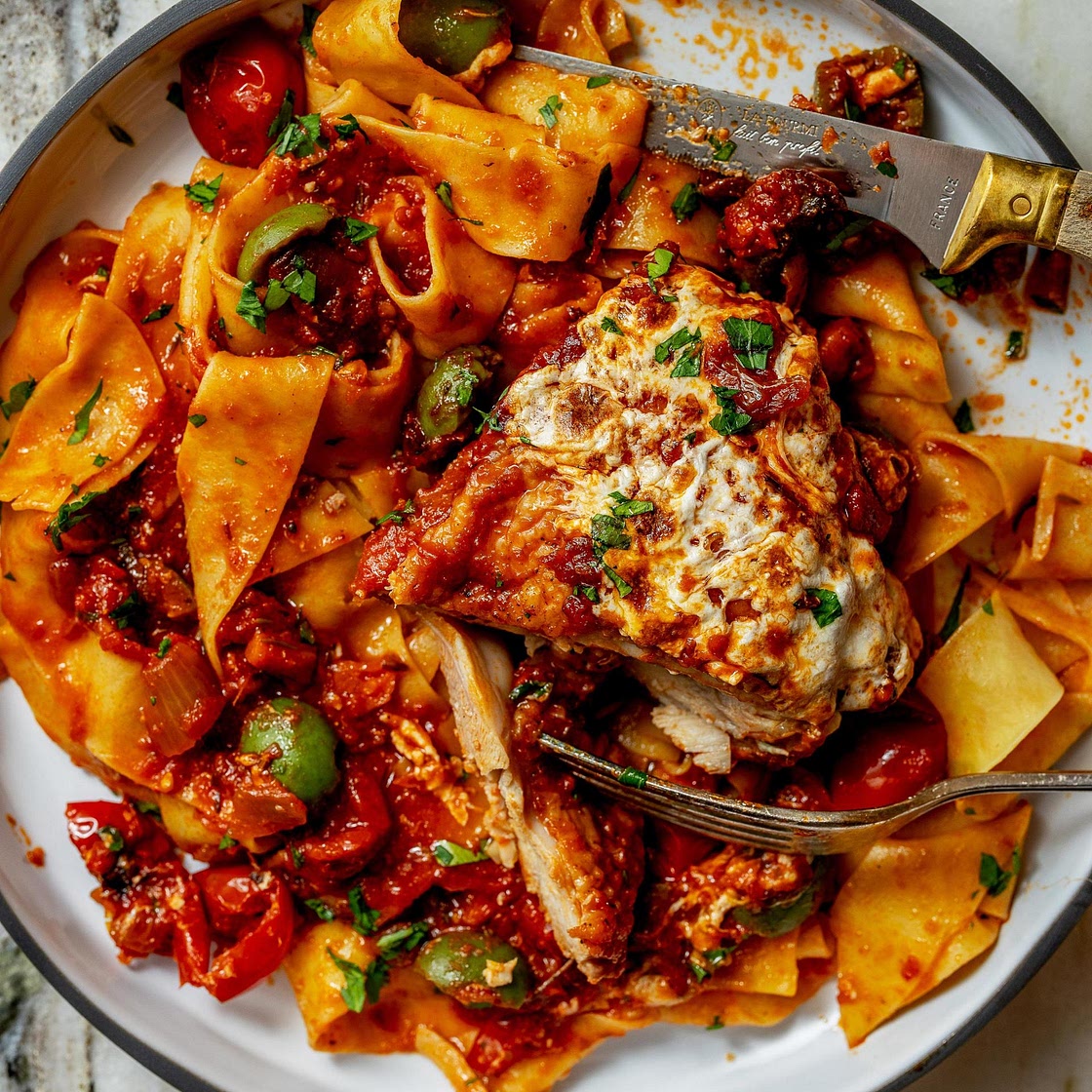 Chicken Cacciatore with Mozzarella and Pasta