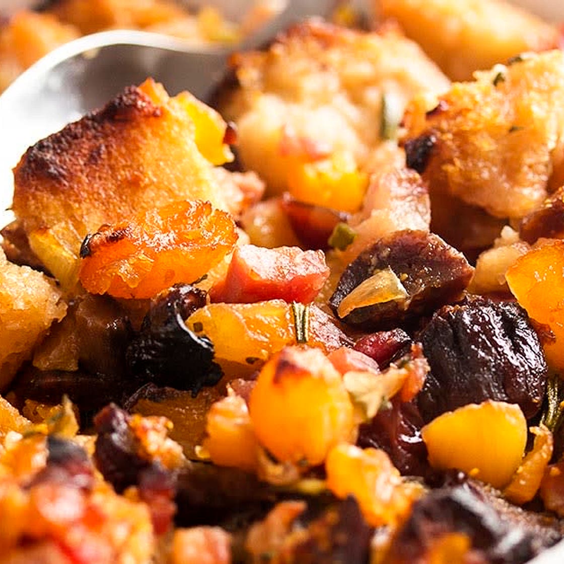 Bread stuffing with sausage, pecans, and apricots