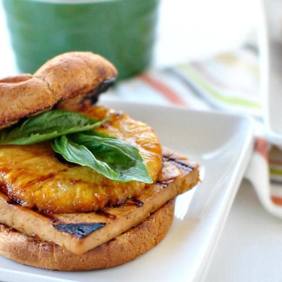 Crisp teriyaki tofu sliders w pan seared Pineapple & Spicy Aioli